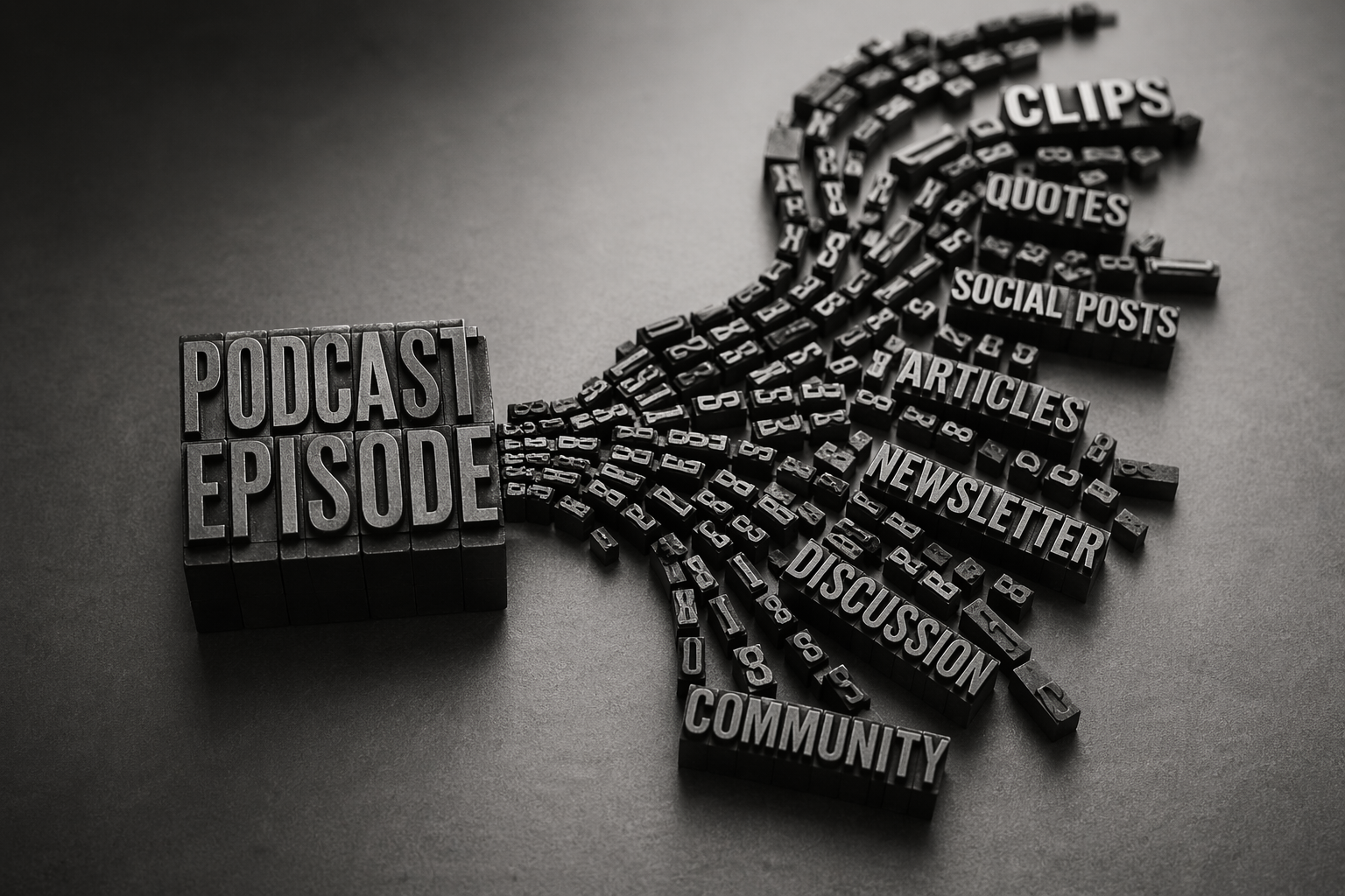 Typesetters blocks flowing from the word podcast to illustrate fluidity